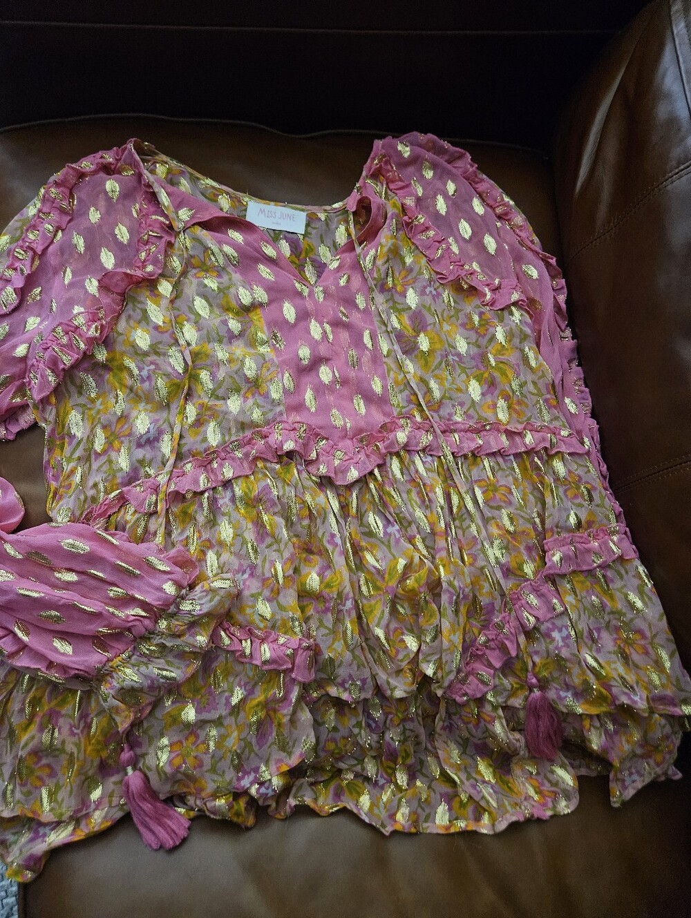 Miss June Paris ONE SIZE Womens Pink Floral Ruffle Top